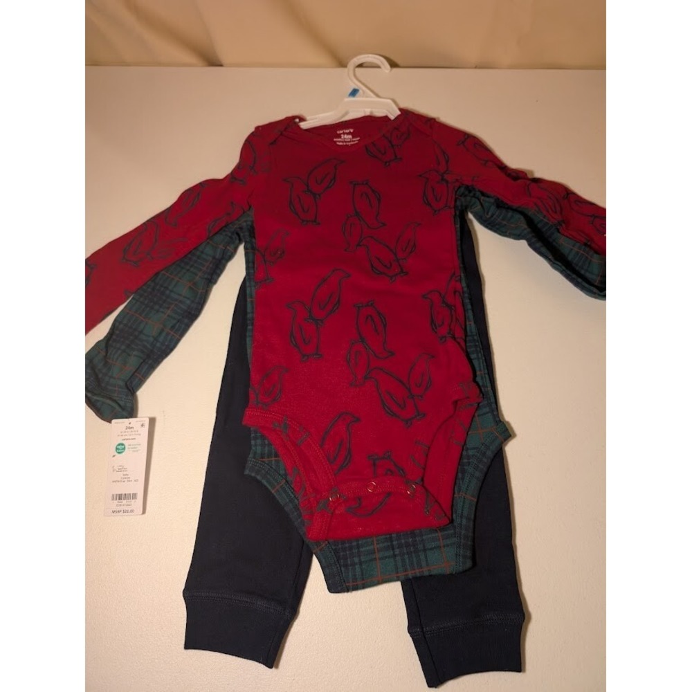 Carter's Baby 3-Piece Set Red Penguin Bodysuit Plaid Shirt Pants 24M New - Picture 2 of 4